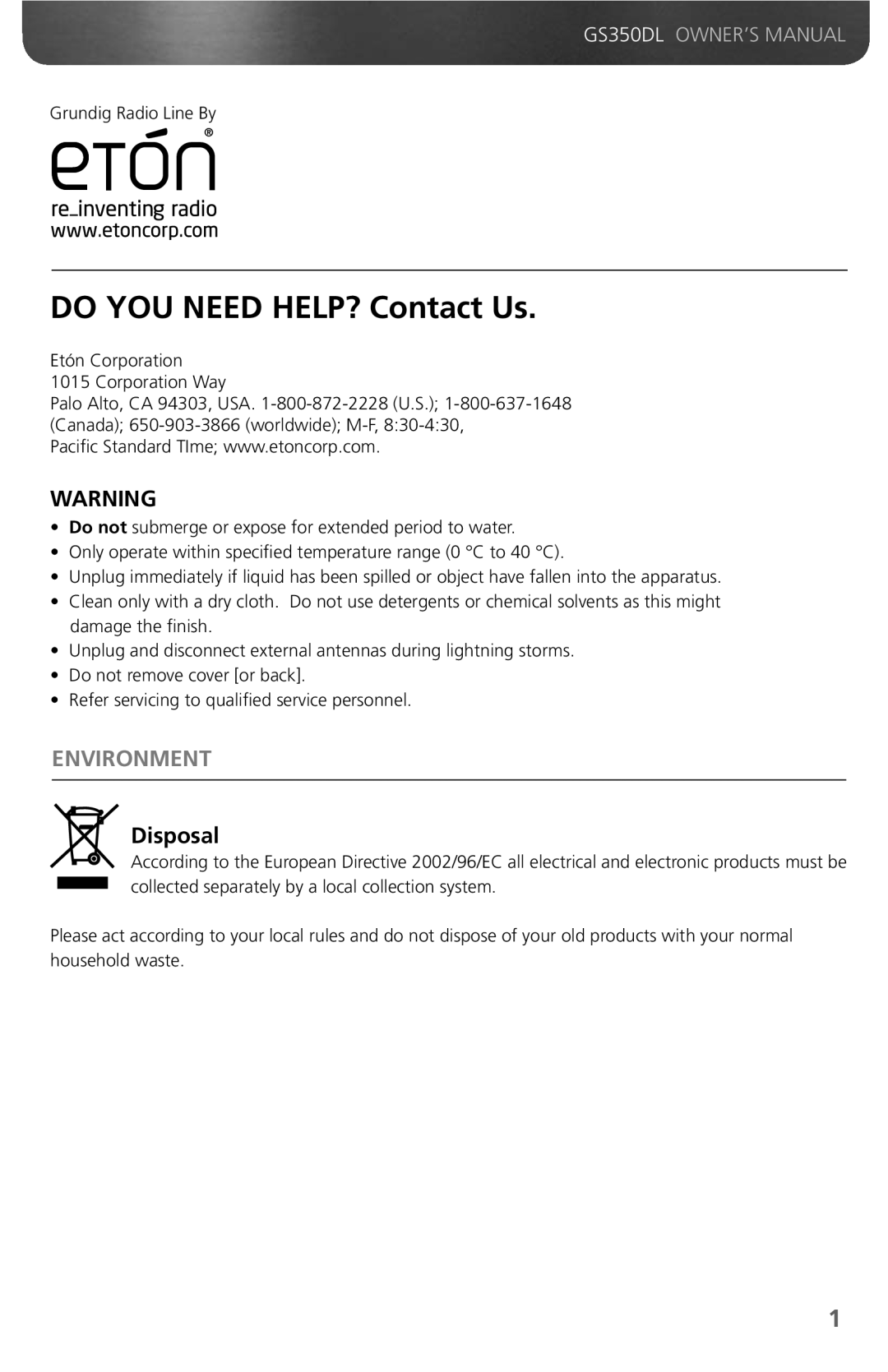 Grundig GS350DL owner manual Do YOU Need HELP? Contact Us, Environment 