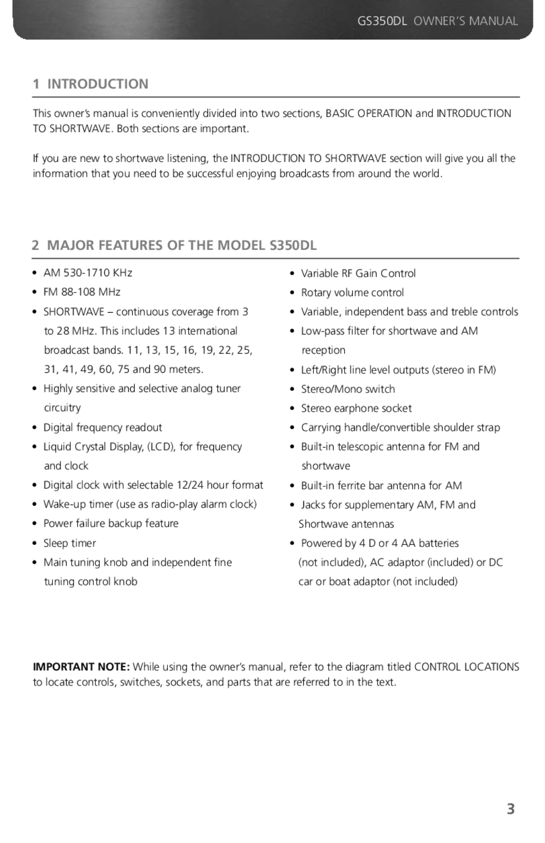 Grundig GS350DL owner manual Introduction, Major Features of the Model S350DL 