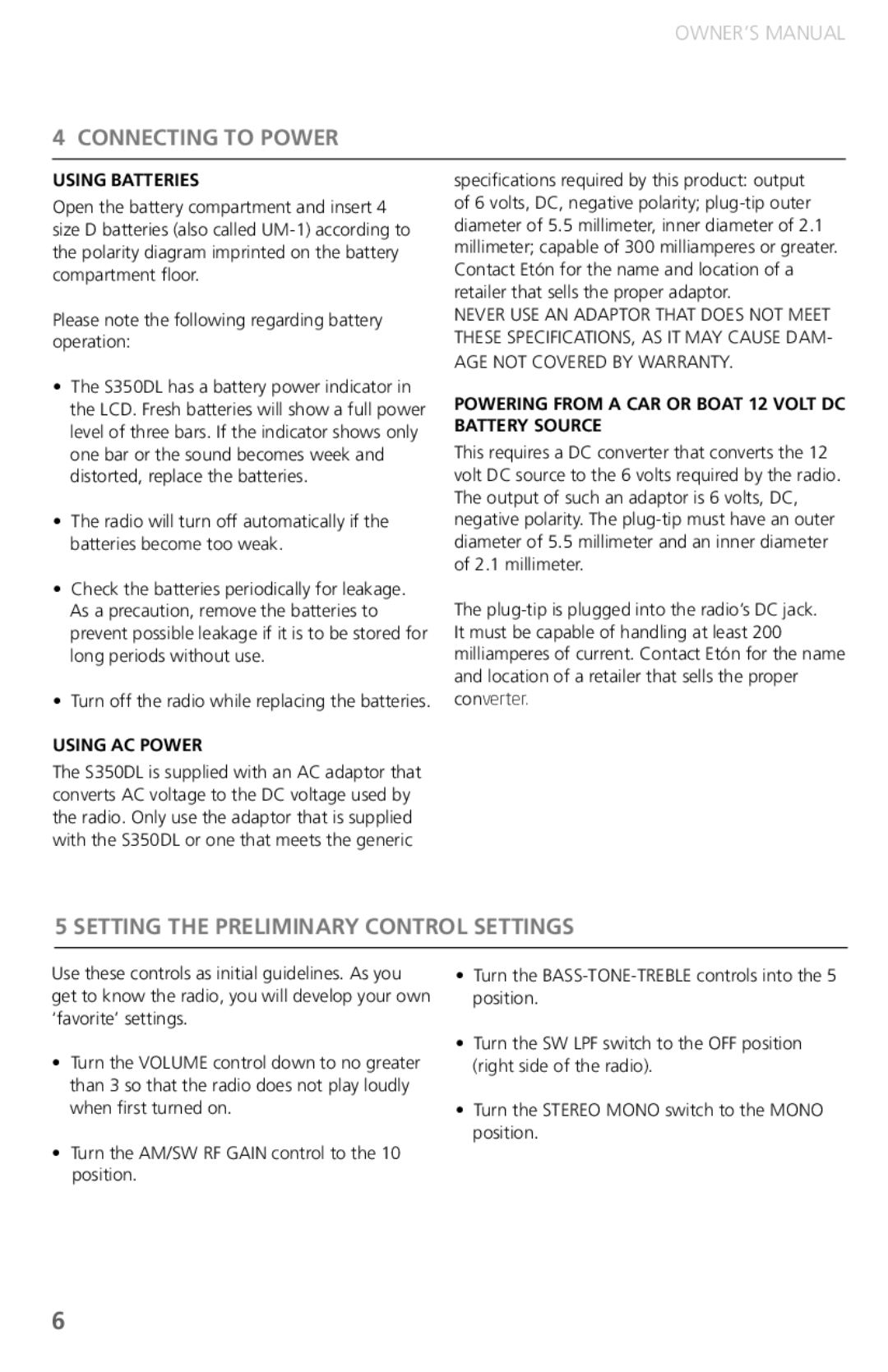 Grundig GS350DL owner manual Connecting to Power, Setting the Preliminary Control Settings, Using Batteries, Using AC Power 