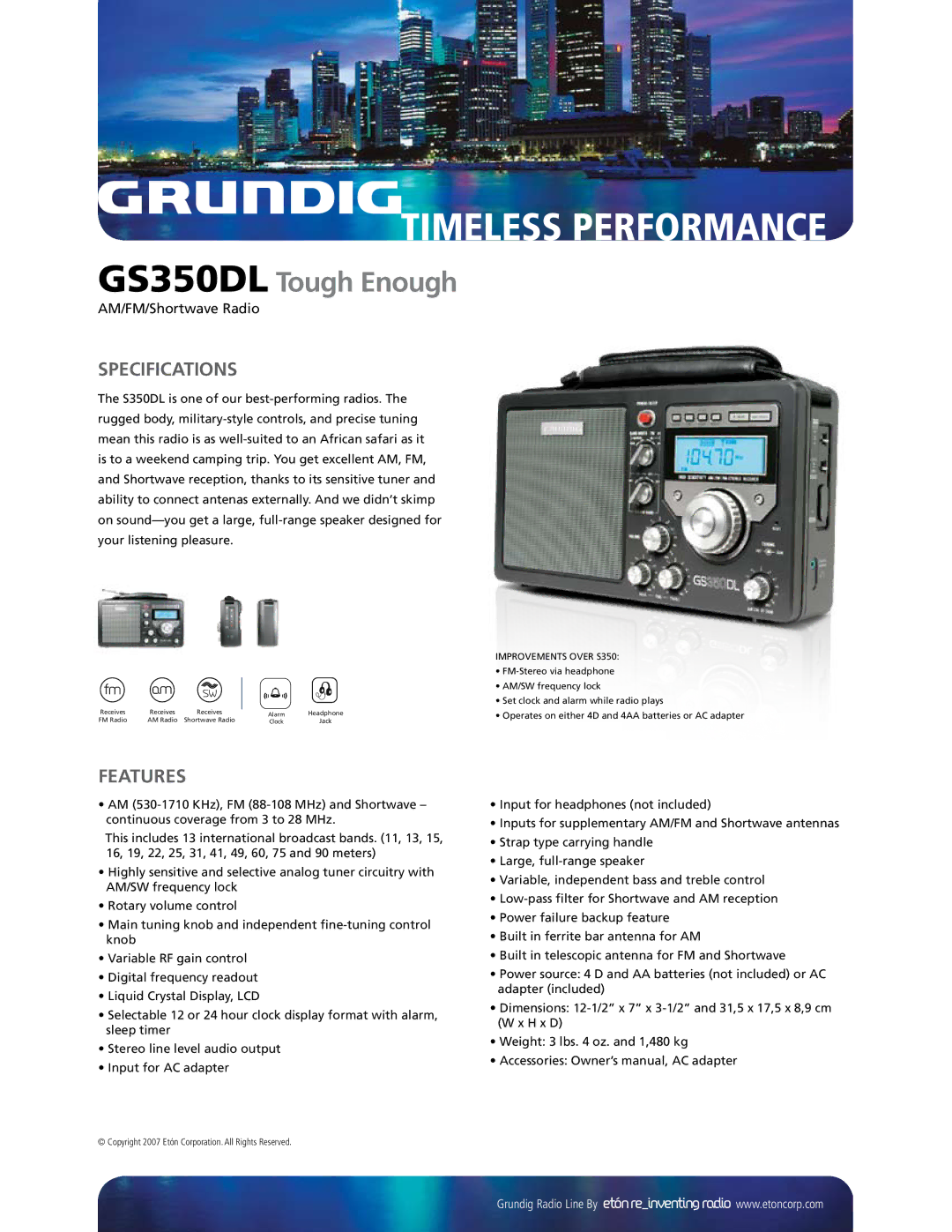 Grundig specifications Timeless Performance, GS350DL Tough Enough, Specifications, Features, Improvements Over S350 