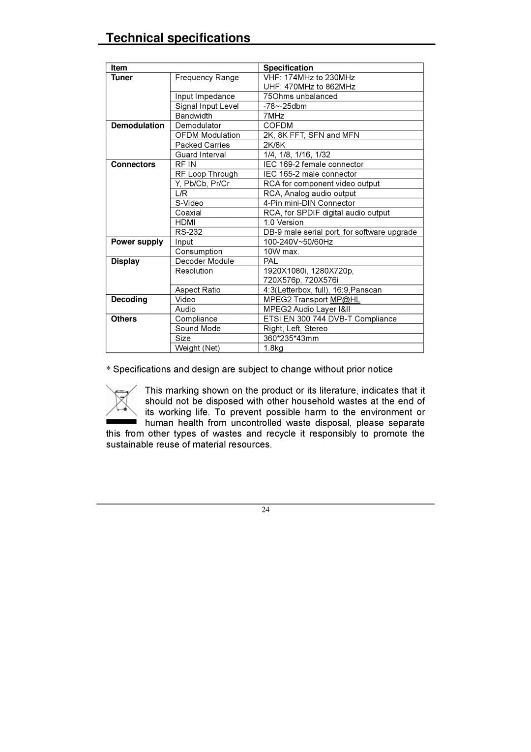 Grundig GSTB3103HD manual Technical specifications, Tuner 