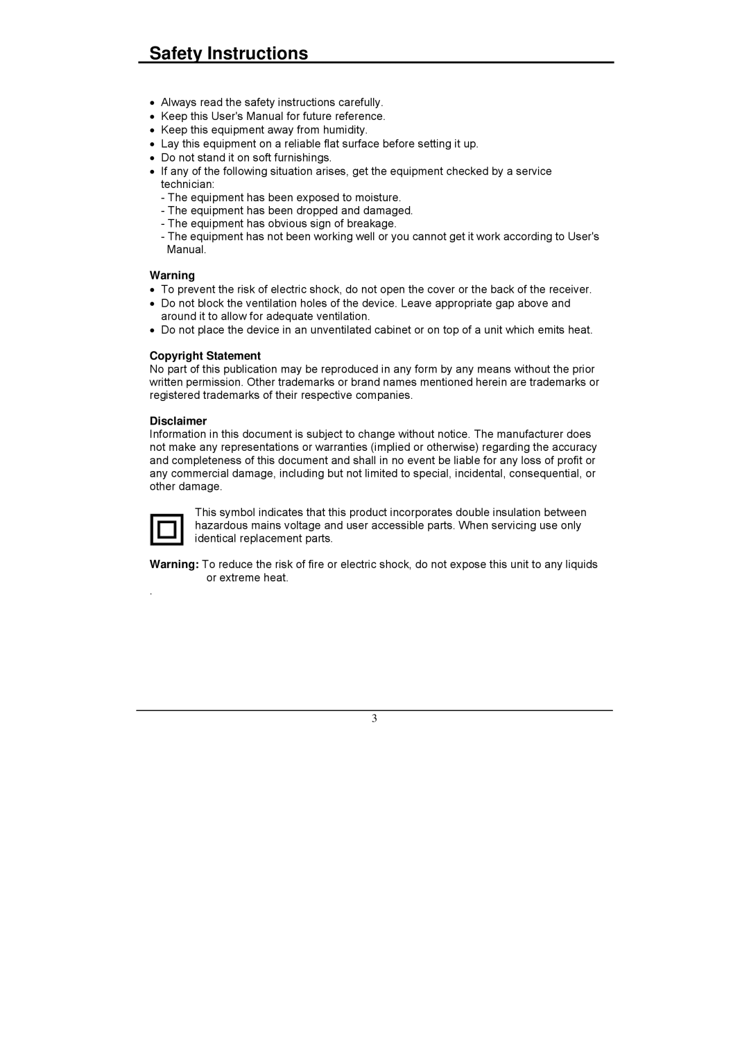 Grundig GSTB3103HD manual Safety Instructions, Copyright Statement 