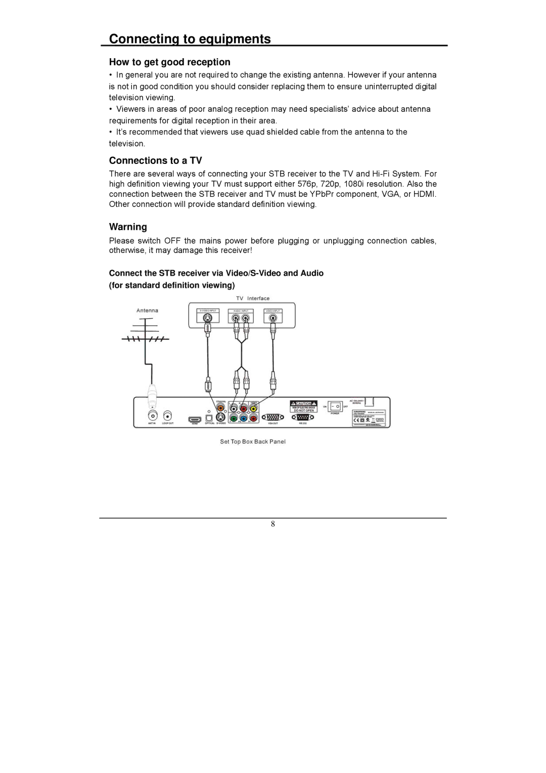 Grundig GSTB3103HD manual Connecting to equipments, How to get good reception, Connections to a TV 