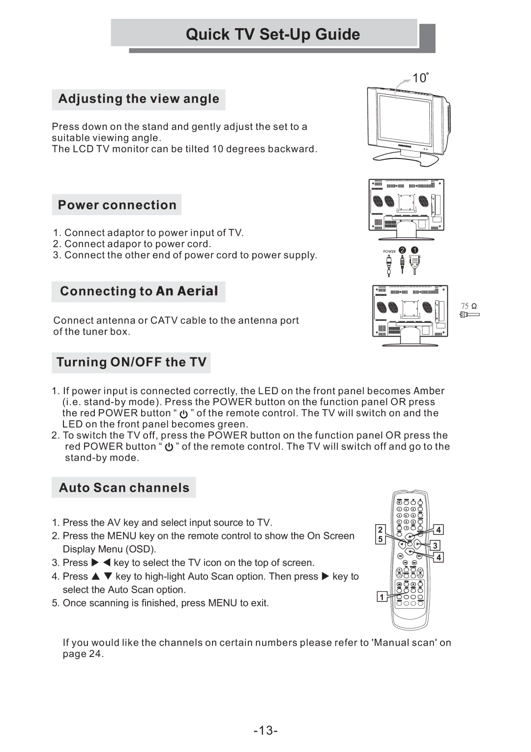 Grundig GULCD15S/DVD instruction manual Quick TV Set-Up Guide, Adjusting the view angle 