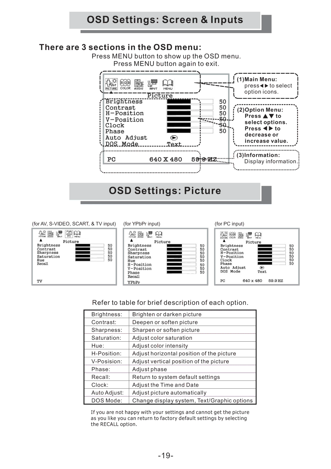 Grundig GULCD15S/DVD instruction manual OSD Settings Screen & Inputs, OSD Settings Picture 