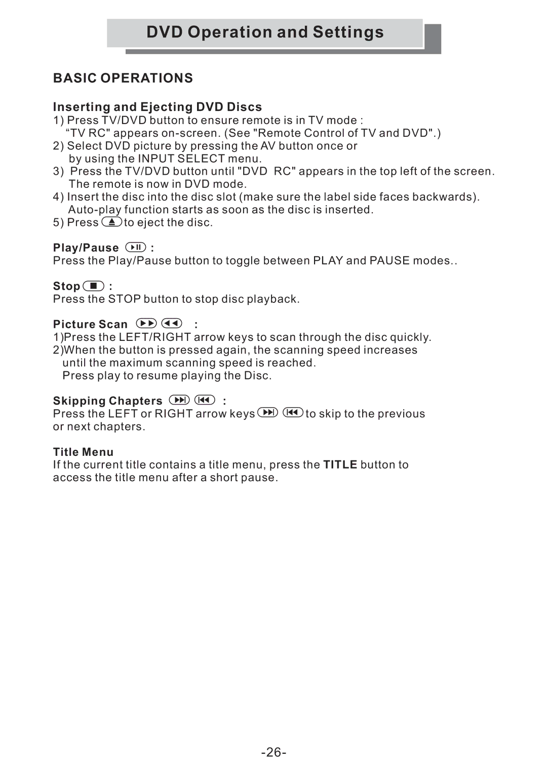 Grundig GULCD15S/DVD instruction manual DVD Operation and Settings, Basic Operations 