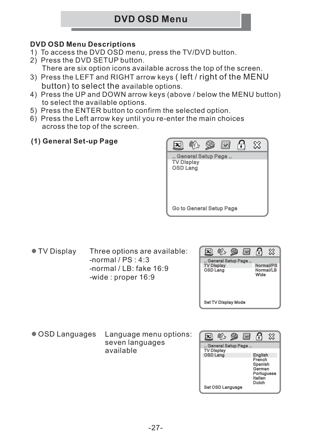 Grundig GULCD15S/DVD instruction manual DVD OSD Menu Descriptions 