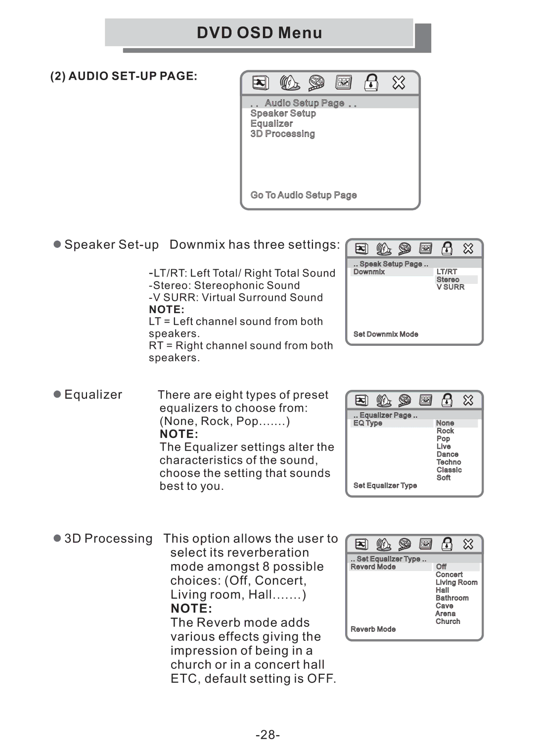 Grundig GULCD15S/DVD instruction manual Speaker Set-up Downmix has three settings 