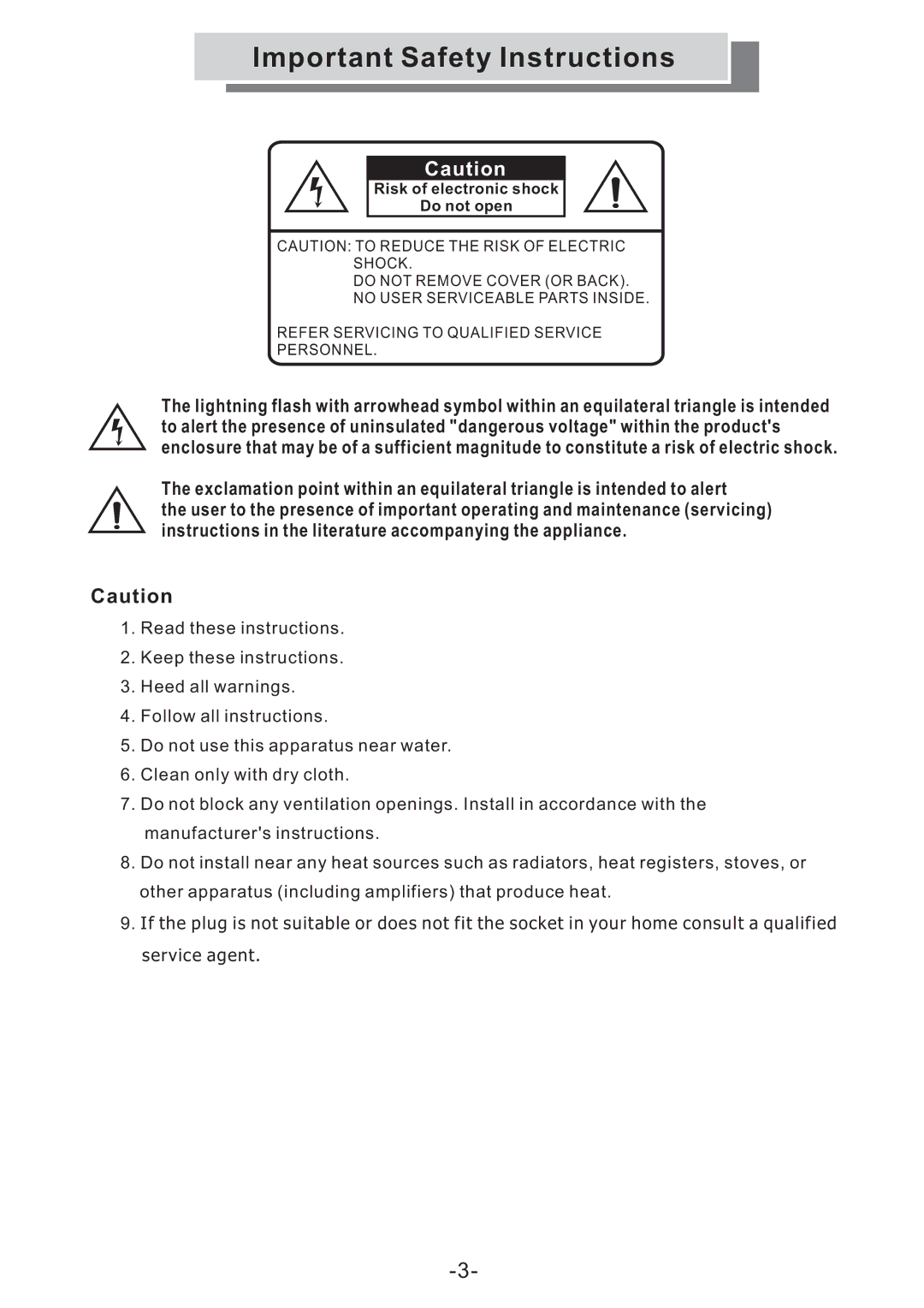 Grundig GULCD15S/DVD instruction manual Important Safety Instructions, Risk of electronic shock Do not open 