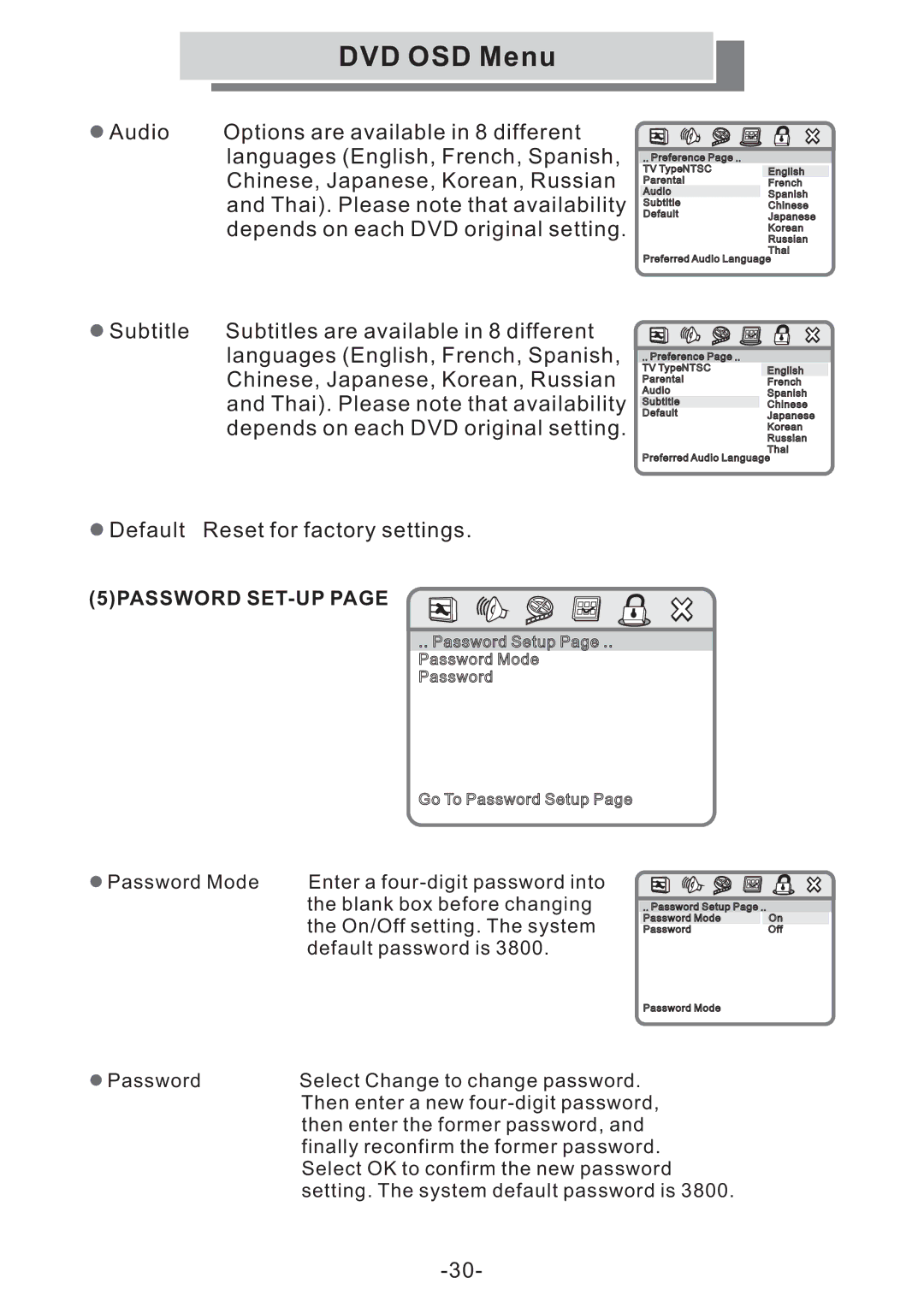 Grundig GULCD15S/DVD instruction manual Default Reset for factory settings 