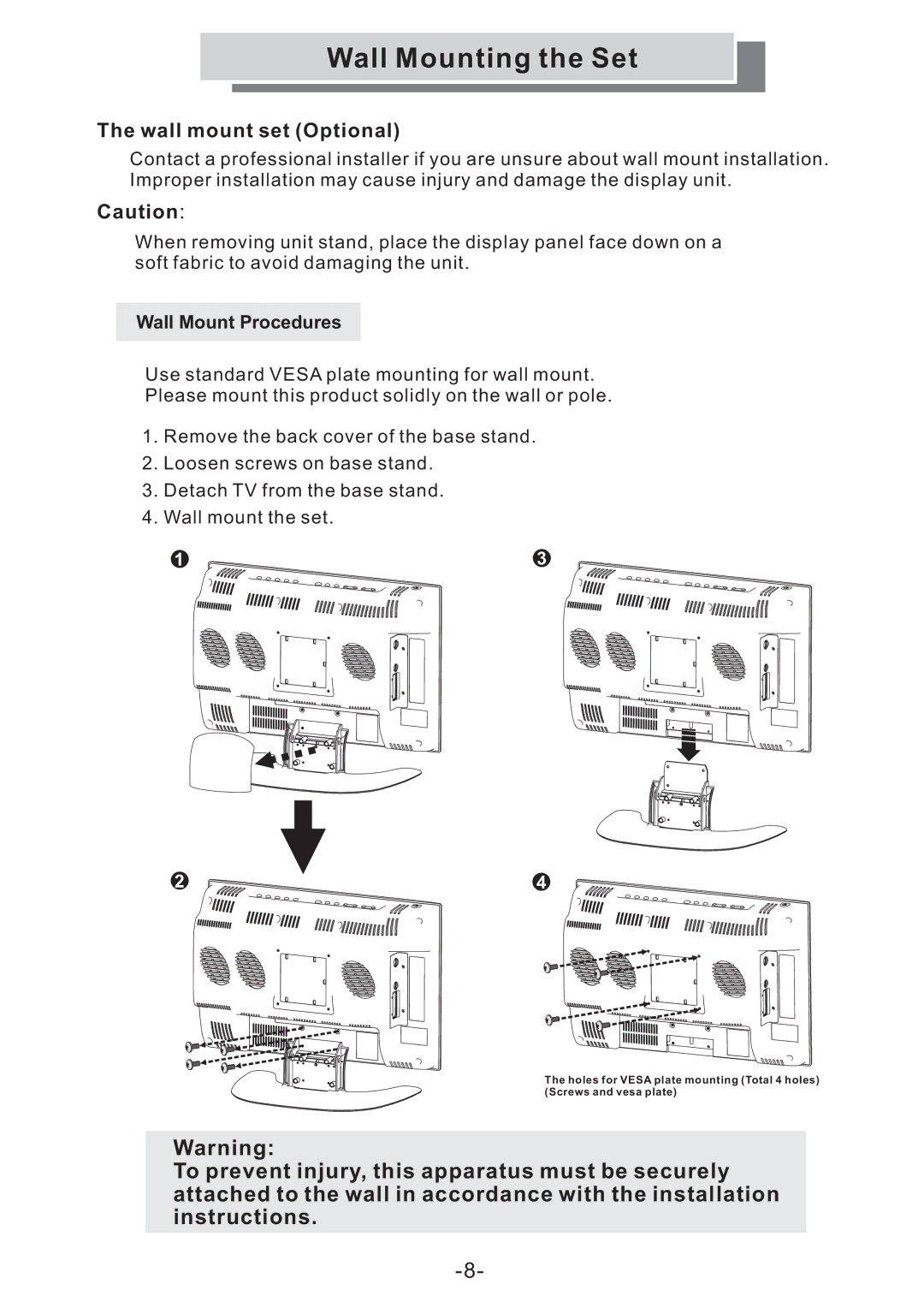 Grundig GULCD15S/DVD instruction manual Wall Mounting the Set, Wall mount set Optional 