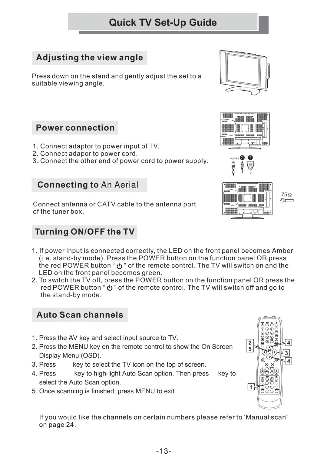 Grundig GULCD20S/DVD manual Quick TV Set-Up Guide, Power connection 