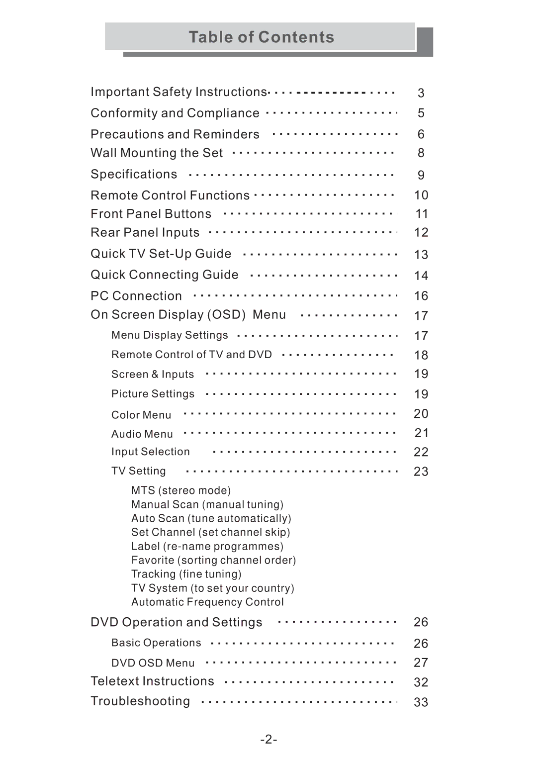 Grundig GULCD20S/DVD manual Table of Contents 