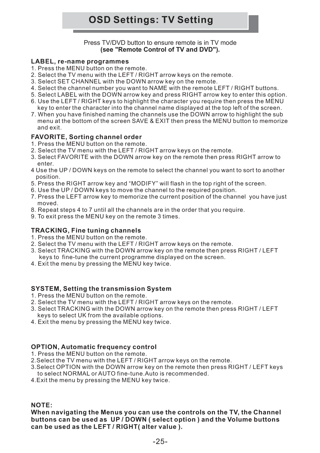 Grundig GULCD20S/DVD manual See Remote Control of TV and DVD LABEL, re-name programmes 