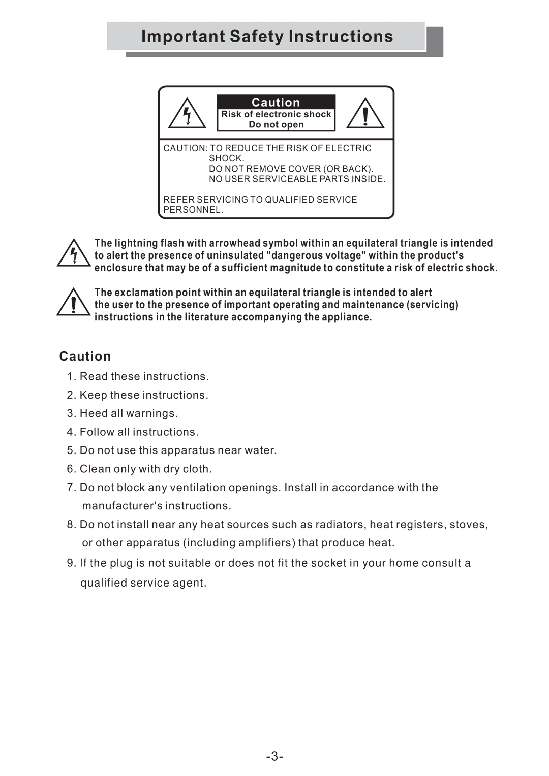 Grundig GULCD20S/DVD manual Important Safety Instructions, Risk of electronic shock Do not open 