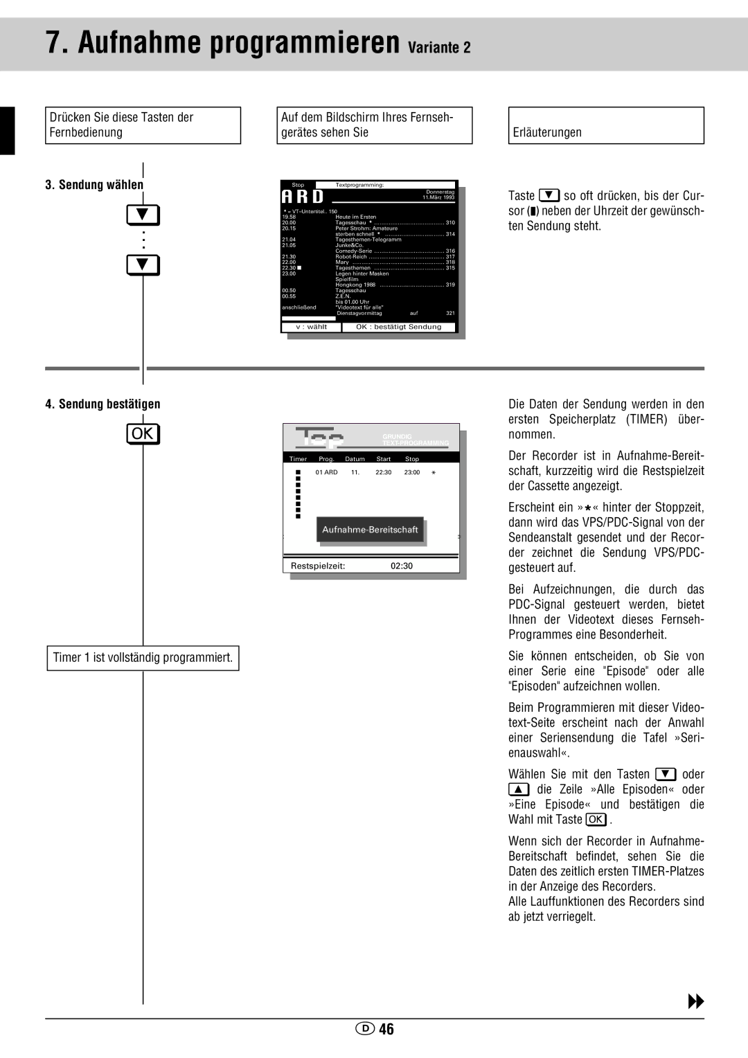 Grundig GV 460 VPT manual Sendung wählen, Sendung bestätigen, Timer 1 ist vollständig programmiert 