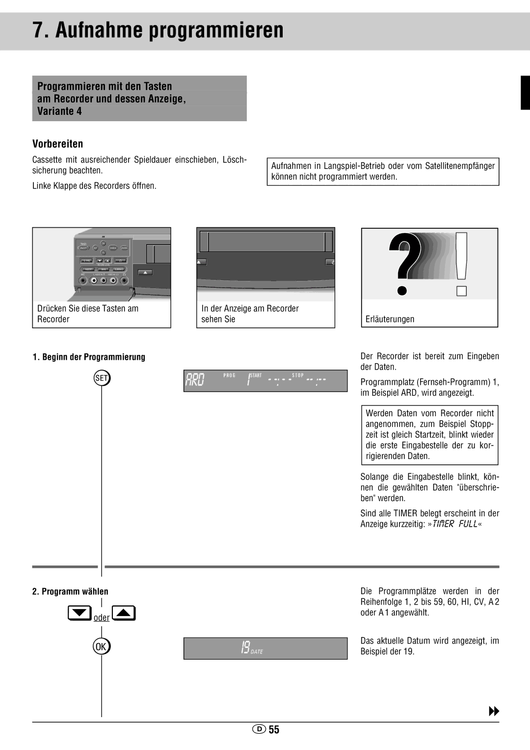 Grundig GV 460 VPT Drücken Sie diese Tasten am Recorder, Beginn der Programmierung, Der Anzeige am Recorder sehen Sie 