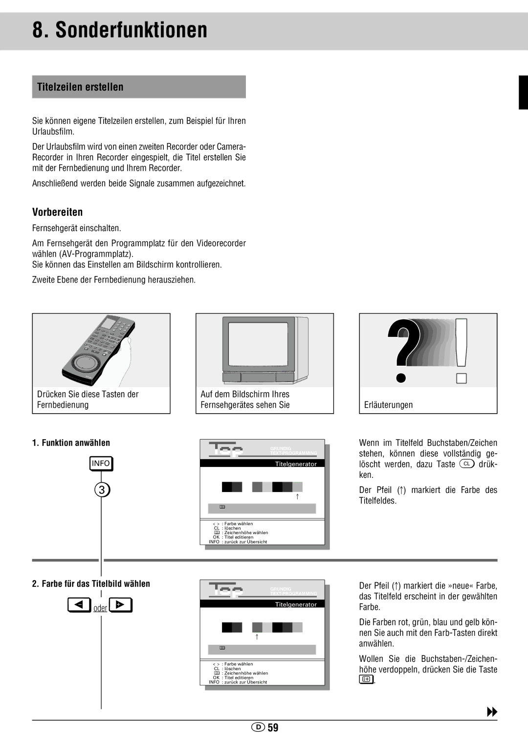 Grundig GV 460 VPT Sonderfunktionen, Titelzeilen erstellen, Funktion anwählen, Farbe für das Titelbild wählen, Eoder R 