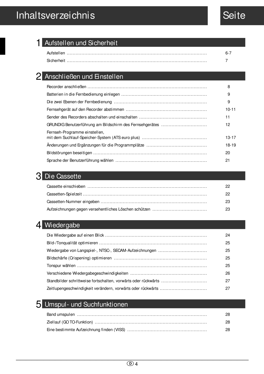 Grundig GV 470 S VPT manual Inhaltsverzeichnis Seite, Aufstellen Sicherheit 