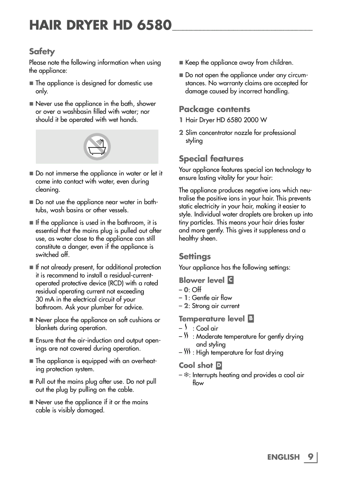 Grundig HD6580 manual Safety, Package contents, Special features, Settings 