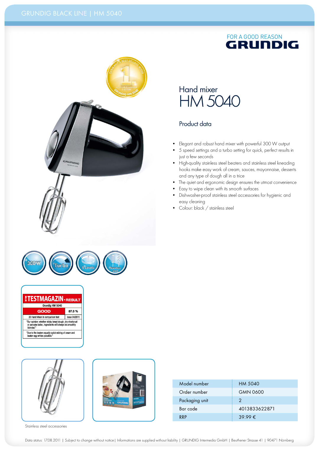 Grundig HM 5040 manual Hand mixer, Product data, Rrp, 39.99 € 