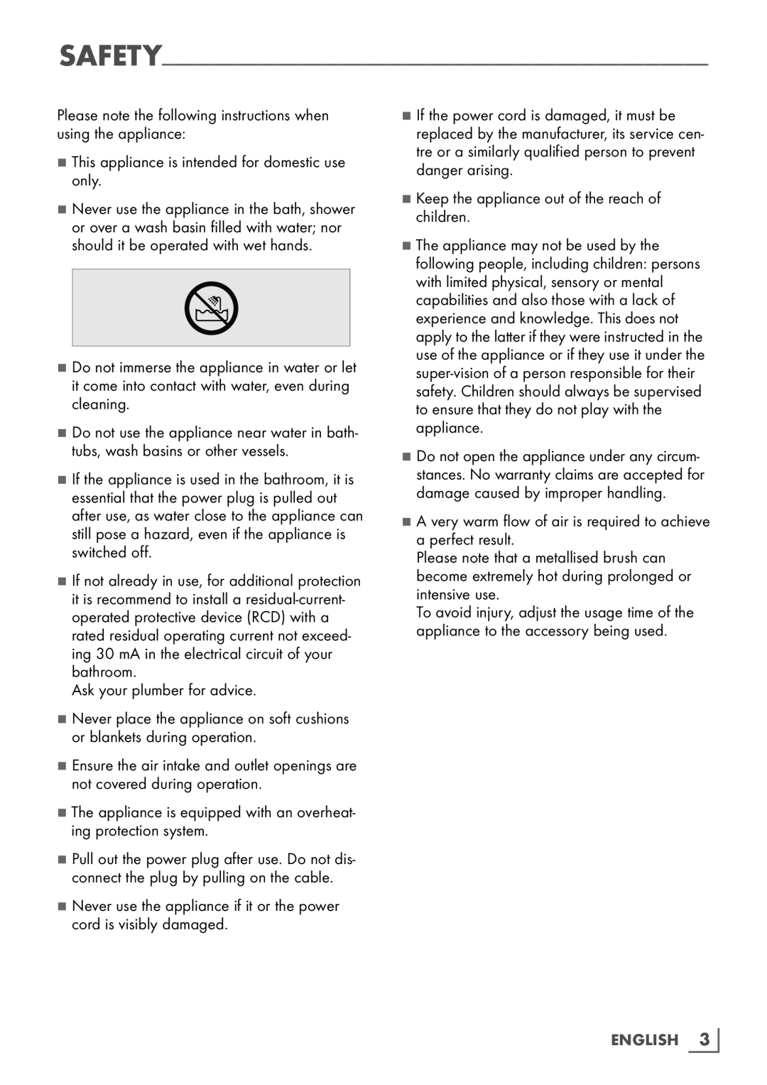 Grundig hs 4020 manual This appliance is intended for domestic use only, Ask your plumber for advice 