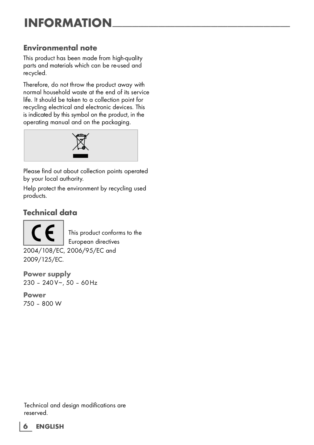 Grundig hs 4020 manual Environmental note, Technical data, 230 240 V~, 50 60 Hz 