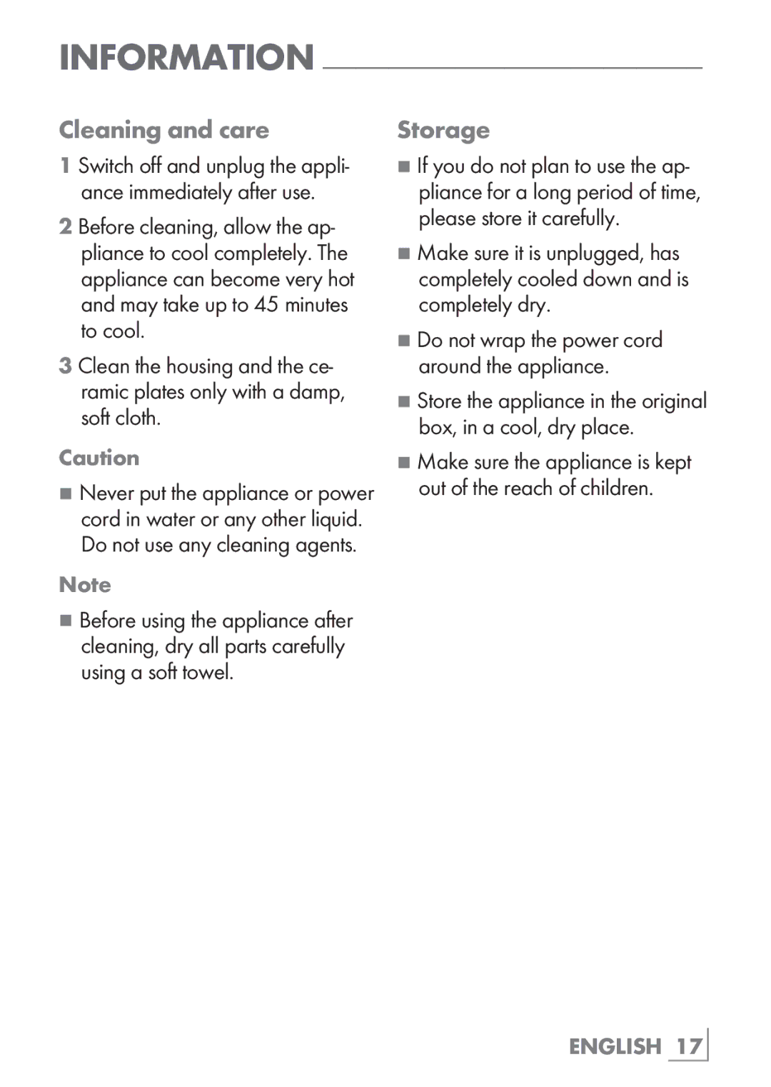 Grundig HS 4930 manual Information, Cleaning and care, Storage 