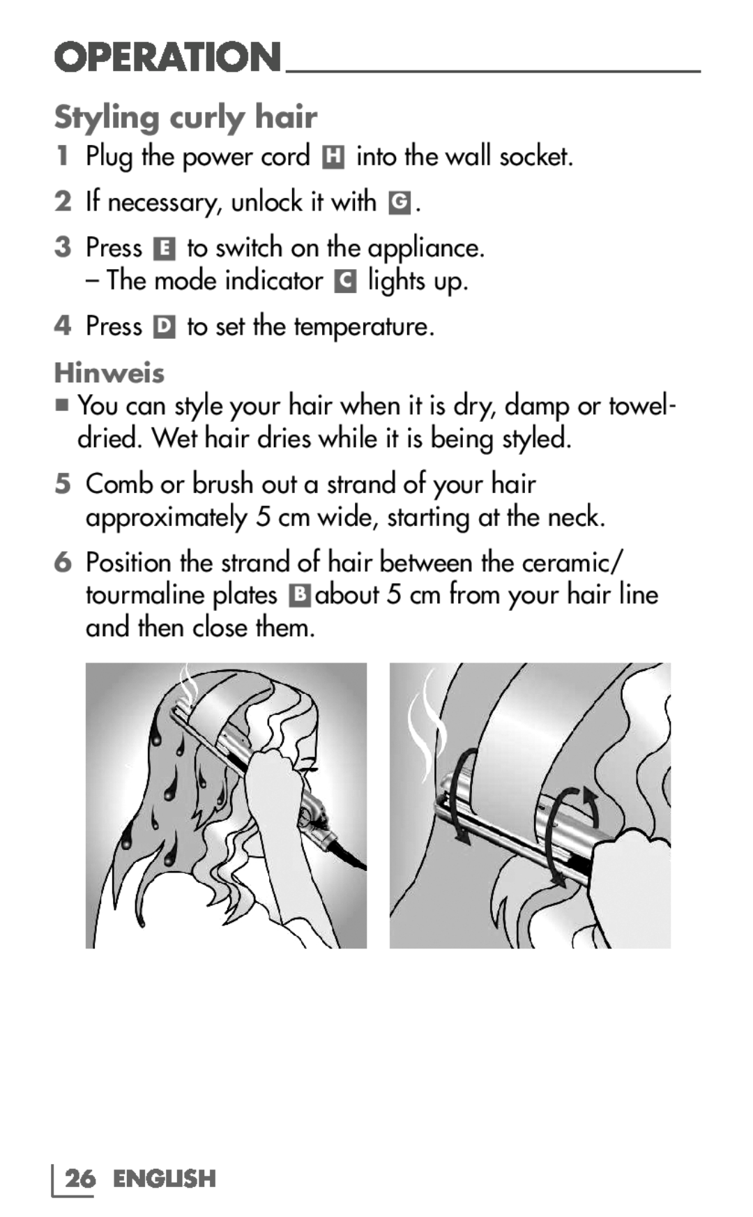 Grundig HS 7630 manual Styling curly hair, Hinweis, Operation 