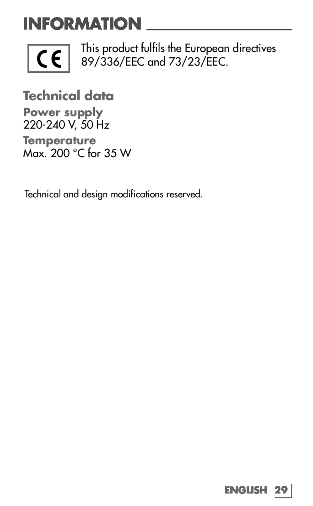 Grundig HS 7630 manual Technical data, Information, Power supply 220-240 V, 50 Hz Temperature, English 
