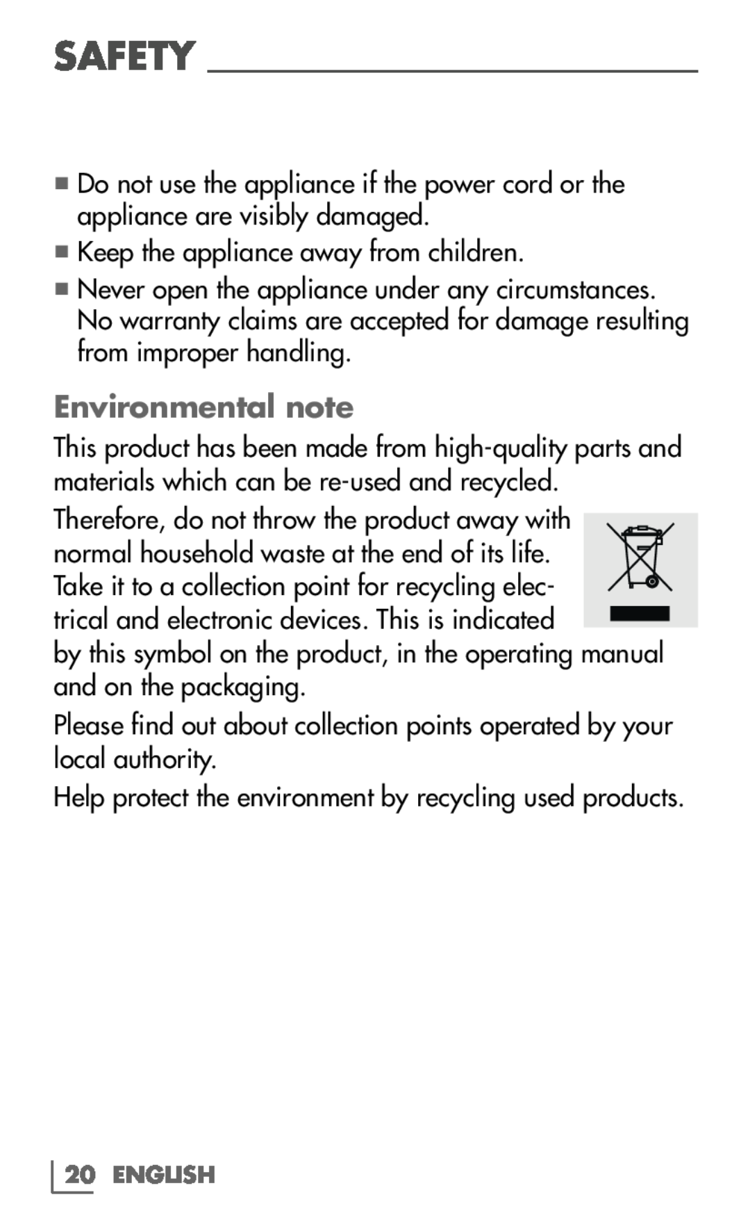 Grundig HS 7630 manual Environmental note, Safety 