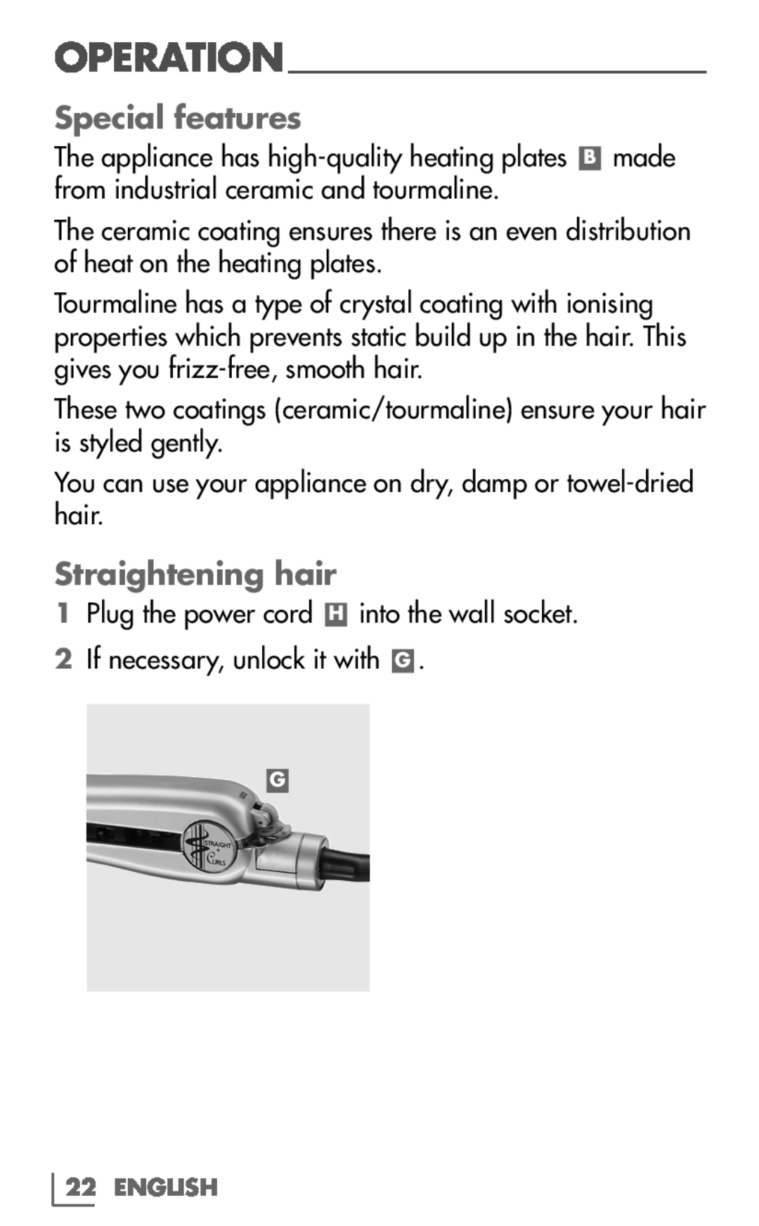Grundig HS 7630 manual Special features, Straightening hair, Operation 