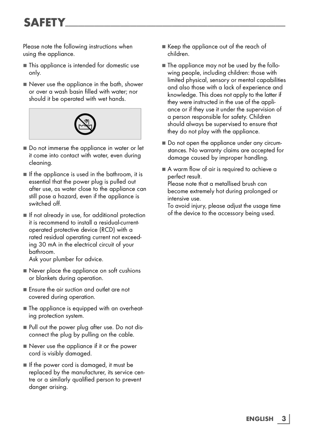 Grundig HS 8980 manual This appliance is intended for domestic use only, Ask your plumber for advice 