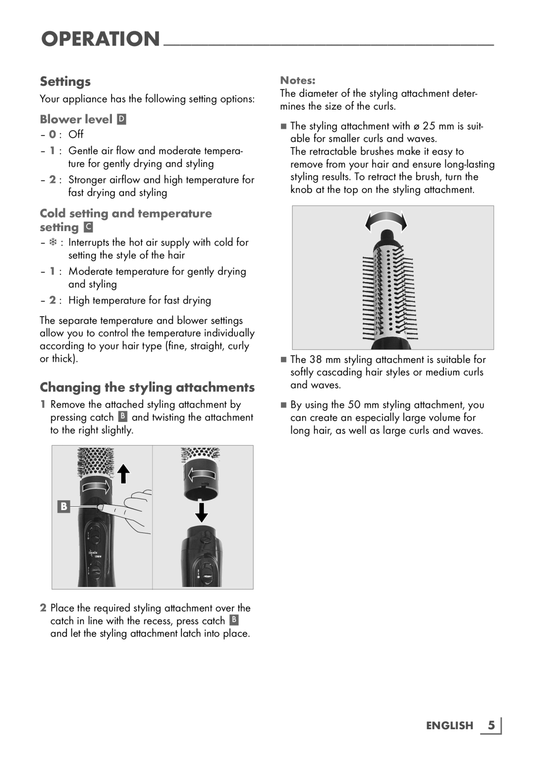 Grundig HS 8980 manual Settings, Changing the styling attachments, Off 