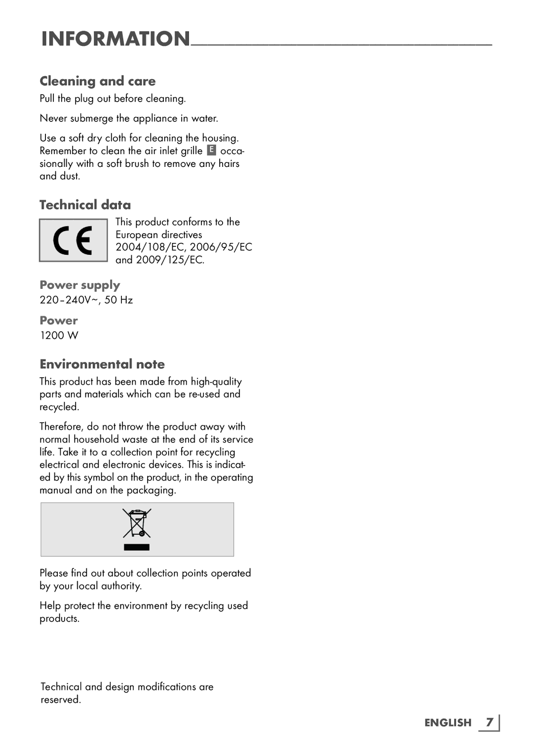 Grundig HS 8980 manual Cleaning and care, Technical data, Environmental note, 220-240V~, 50 Hz, 1200 W 