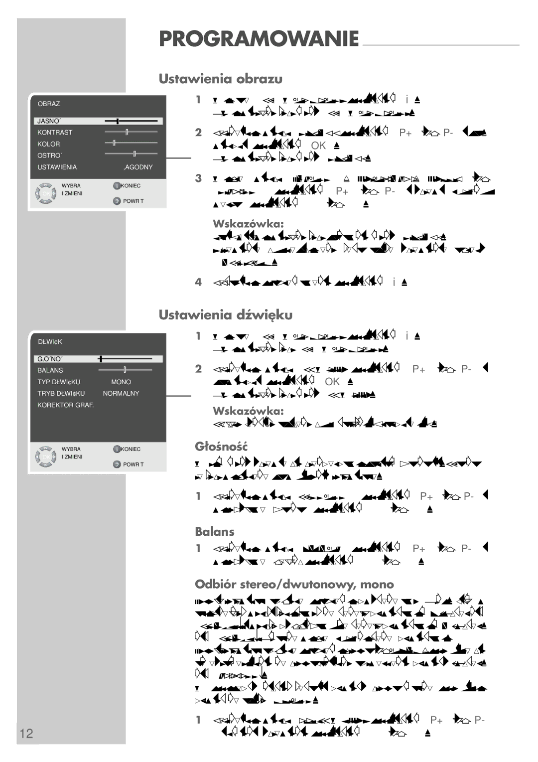 Grundig LCD 38-605 BS manual Ustawienia obrazu, Ustawienia dźwięku, Głośność, Balans, Odbiór stereo/dwutonowy, mono 