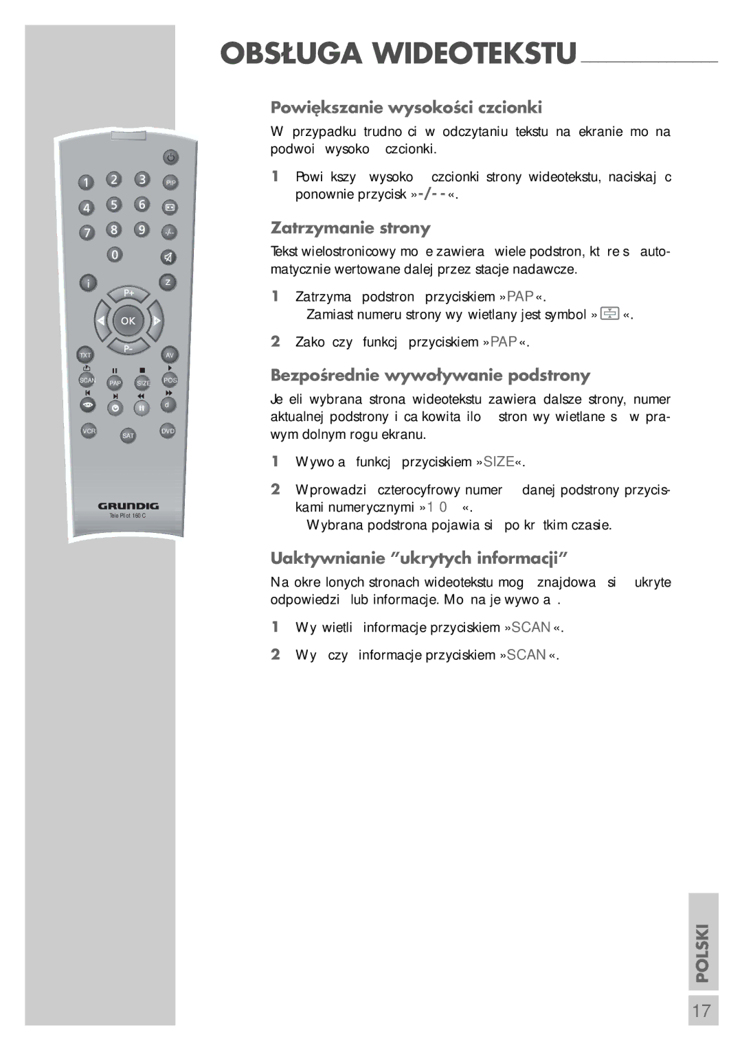 Grundig LCD 38-605 BS manual Powiększanie wysokości czcionki, Zatrzymanie strony, Bezpośrednie wywoływanie podstrony 