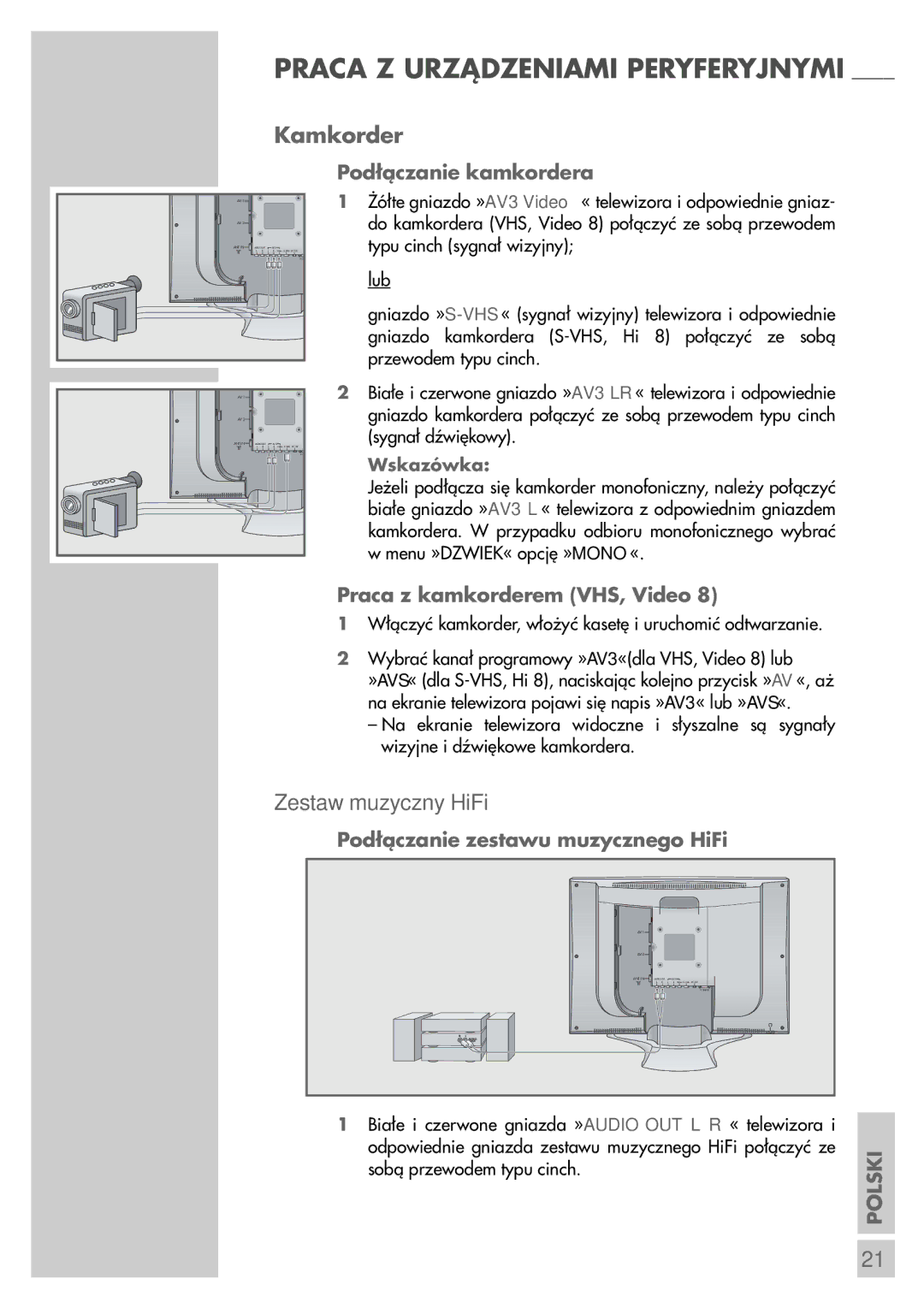 Grundig LCD 38-605 BS manual Kamkorder, Zestaw muzyczny HiFi, Podłączanie kamkordera, Praca z kamkorderem VHS, Video 