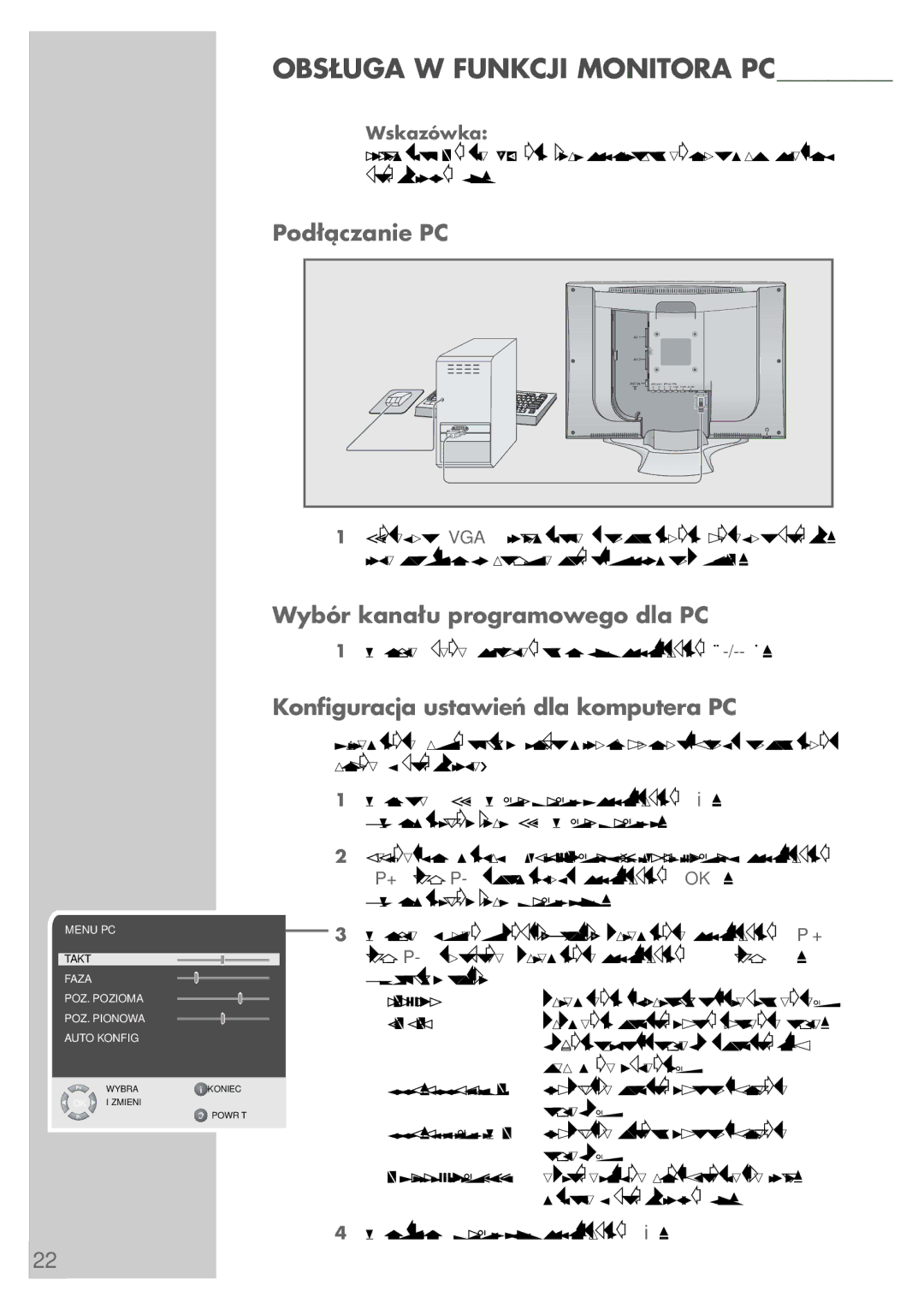 Grundig LCD 38-605 BS manual Podłączanie PC, Wybór kanału programowego dla PC, Konfiguracja ustawień dla komputera PC 