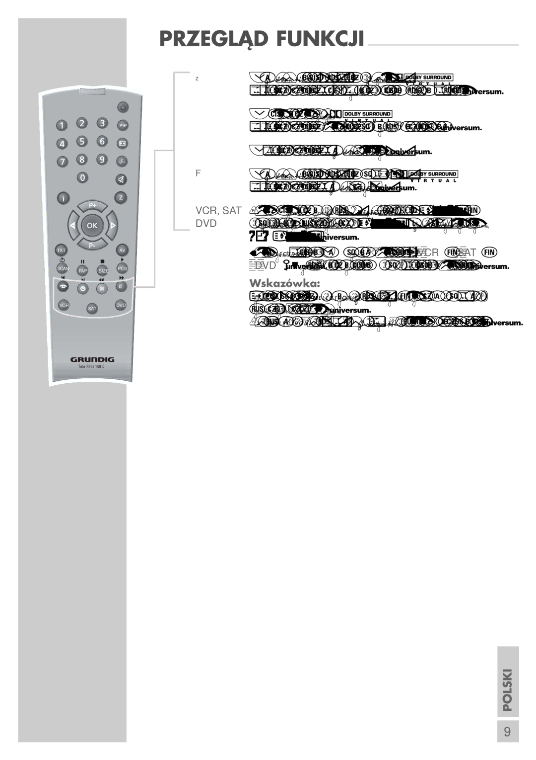 Grundig LCD 38-605 BS manual Vcr, Sat Dvd, Wideotekście wybór rozdziału 