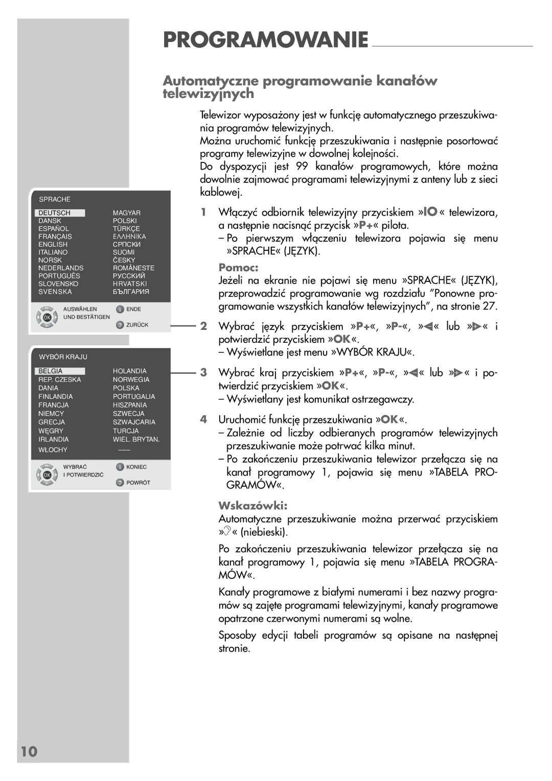 Grundig LCD 51-9622 DL manual Automatyczne programowanie kanałów telewizyjnych, Pomoc 