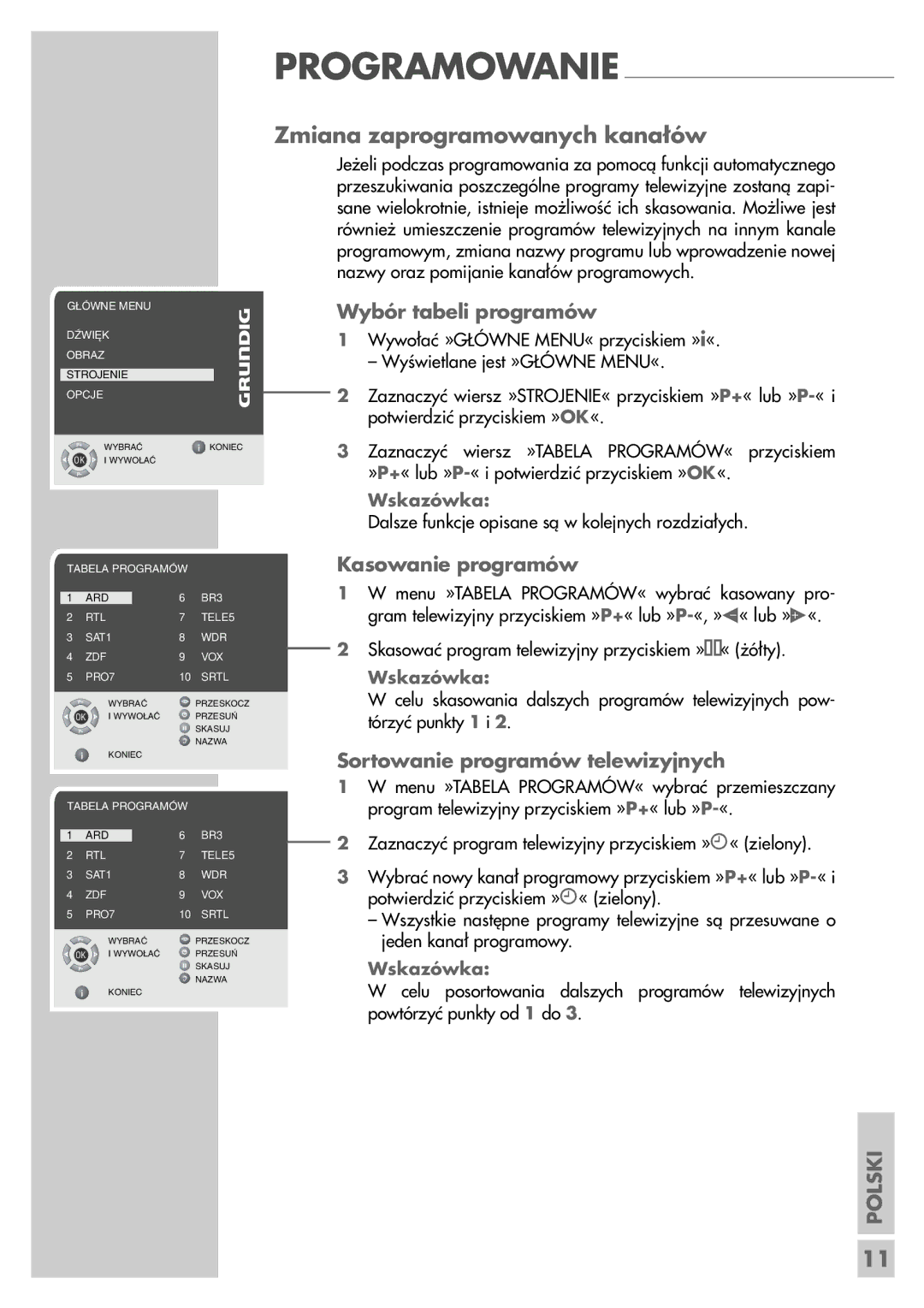 Grundig LCD 51-9622 DL manual Zmiana zaprogramowanych kanałów, Wybór tabeli programów, Kasowanie programów 