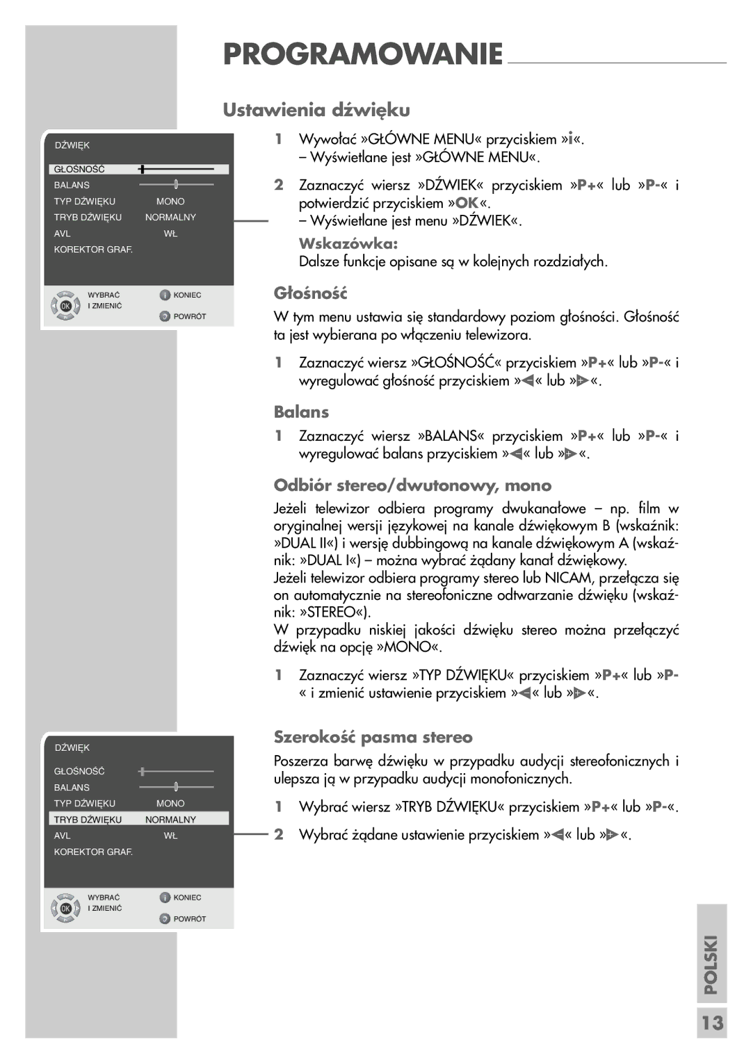 Grundig LCD 51-9622 DL manual Ustawienia dźwięku, Głośność, Balans, Odbiór stereo/dwutonowy, mono, Szerokość pasma stereo 