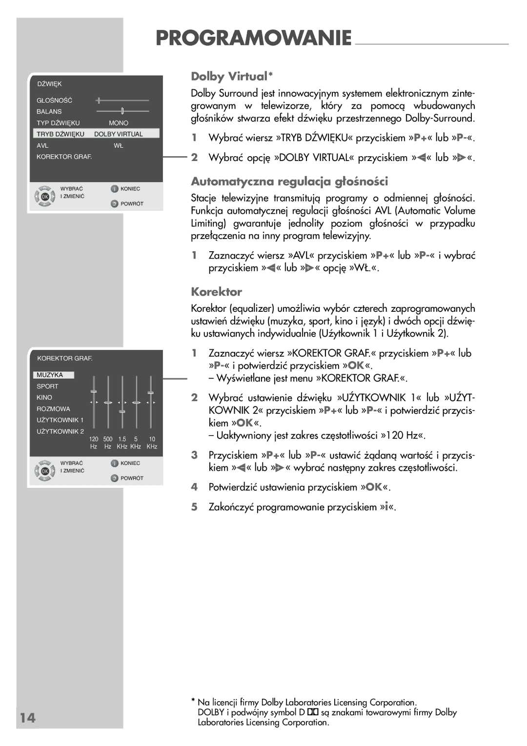 Grundig LCD 51-9622 DL manual Programowanie Dolby Virtual, Automatyczna regulacja głośności, Korektor 