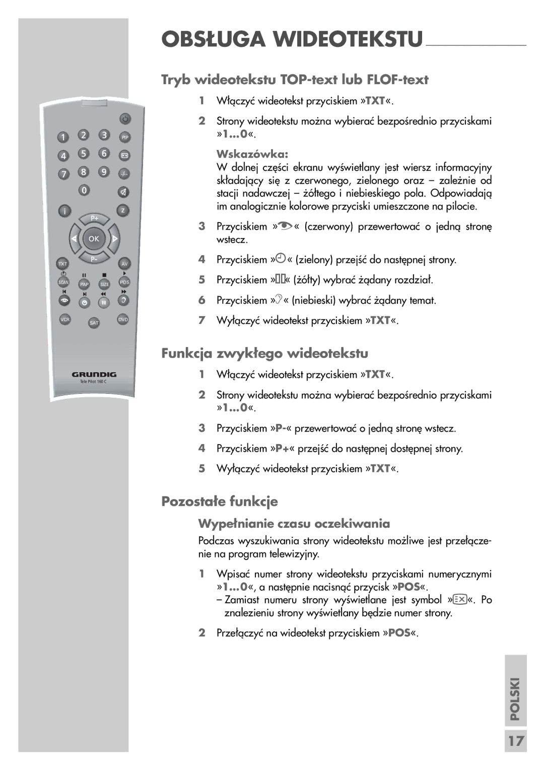 Grundig LCD 51-9622 DL manual Tryb wideotekstu TOP-text lub FLOF-text, Funkcja zwykłego wideotekstu, Pozostałe funkcje 