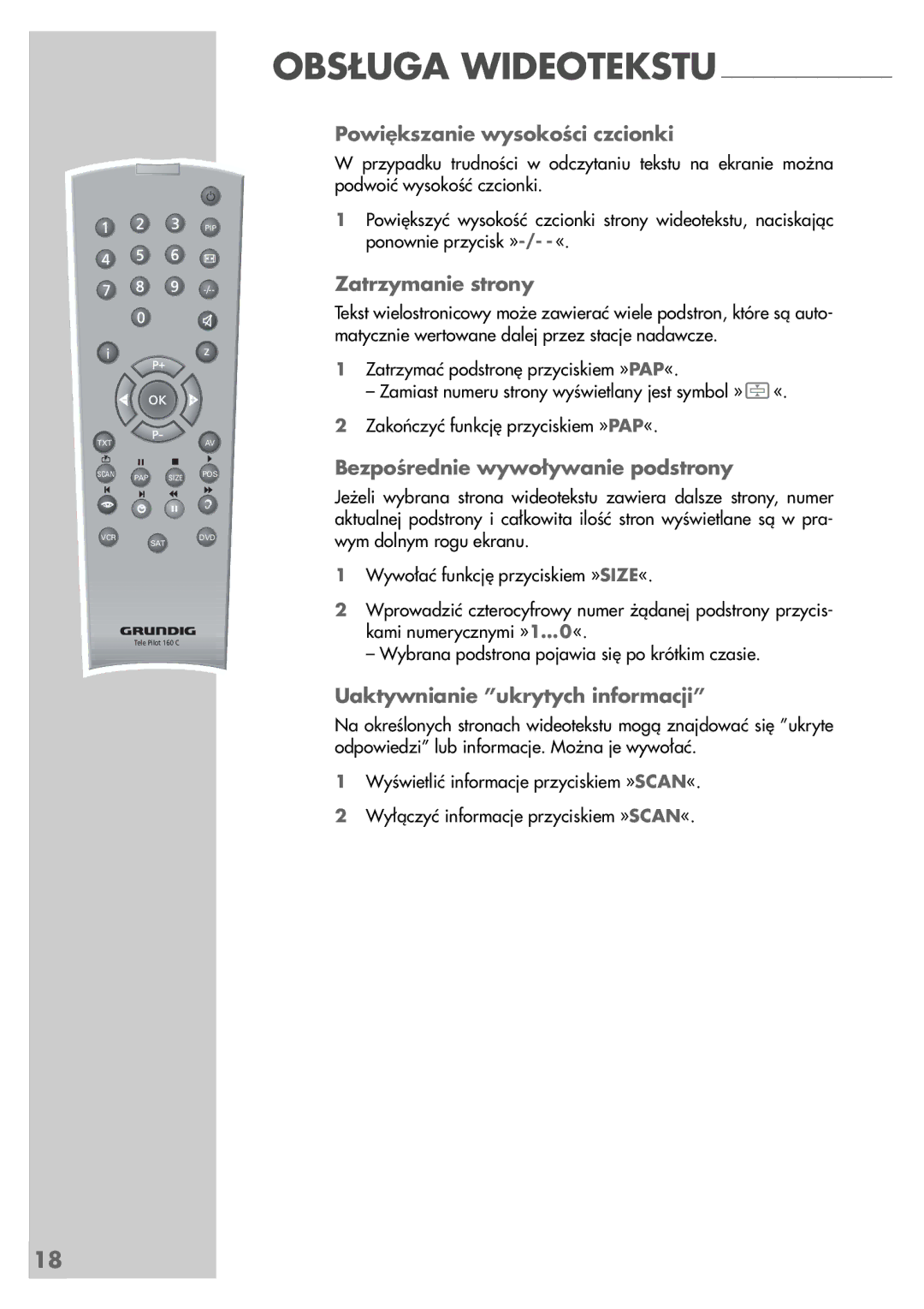 Grundig LCD 51-9622 DL manual Powiększanie wysokości czcionki, Zatrzymanie strony, Bezpośrednie wywoływanie podstrony 