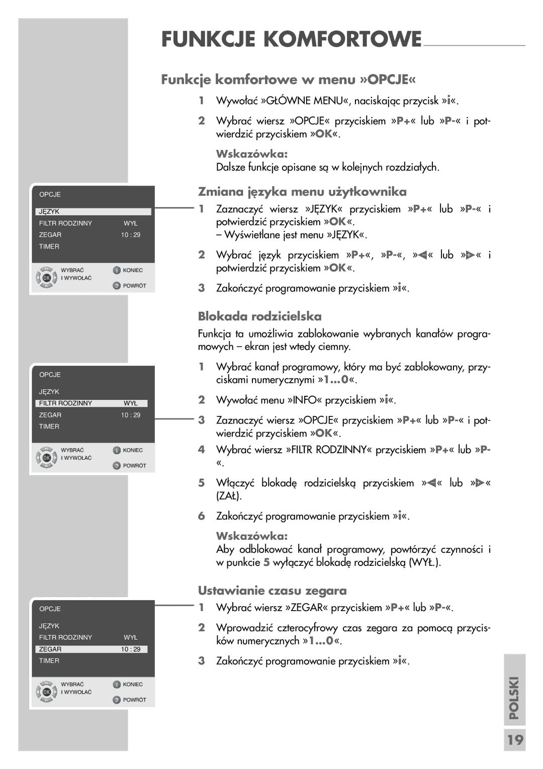 Grundig LCD 51-9622 DL manual Funkcje komfortowe w menu »OPCJE«, Zmiana języka menu użytkownika, Blokada rodzicielska 