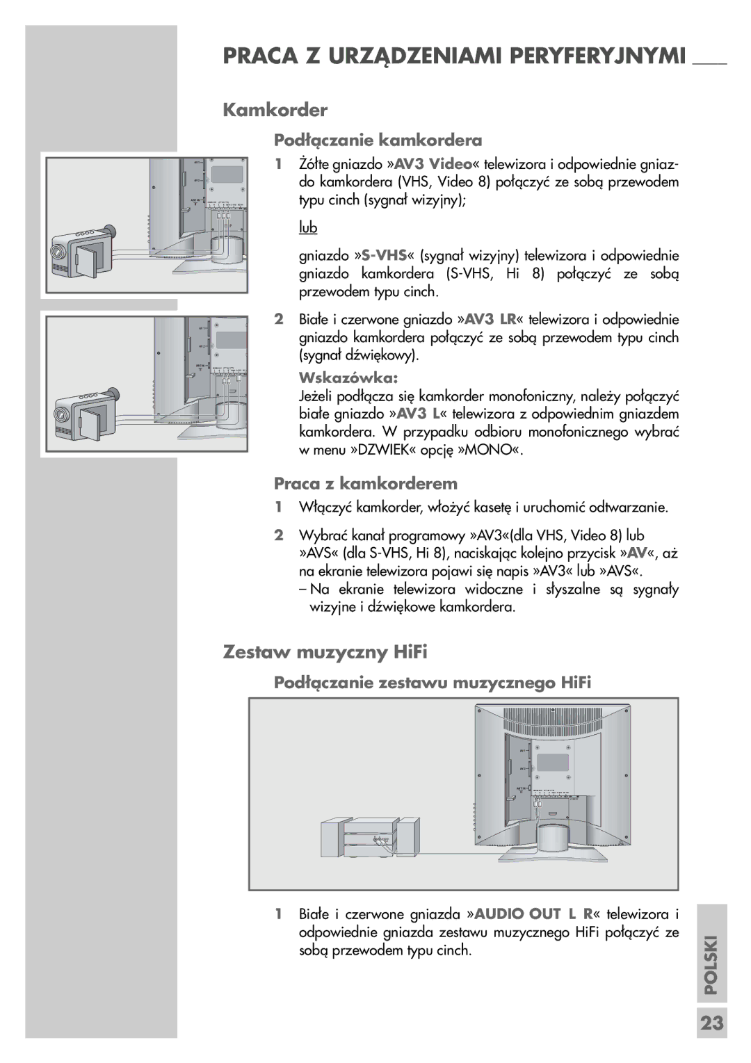 Grundig LCD 51-9622 DL manual Kamkorder, Zestaw muzyczny HiFi, Podłączanie kamkordera, Praca z kamkorderem 