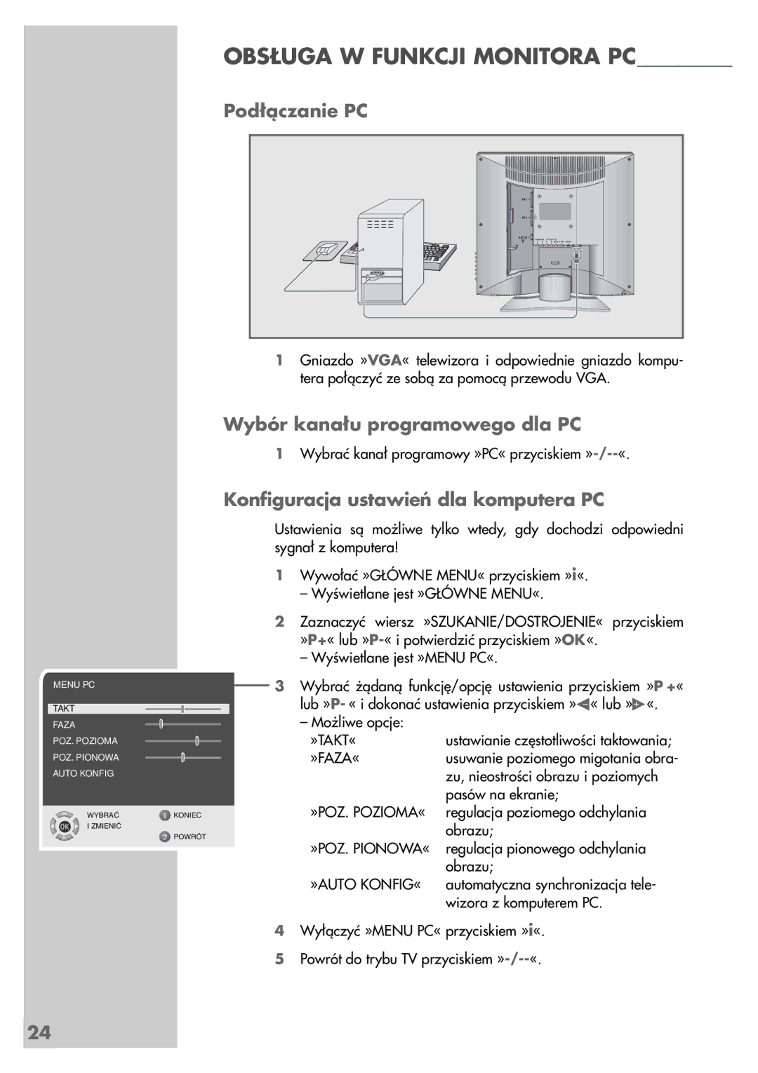 Grundig LCD 51-9622 DL manual Podłączanie PC, Wybór kanału programowego dla PC, Konfiguracja ustawień dla komputera PC 