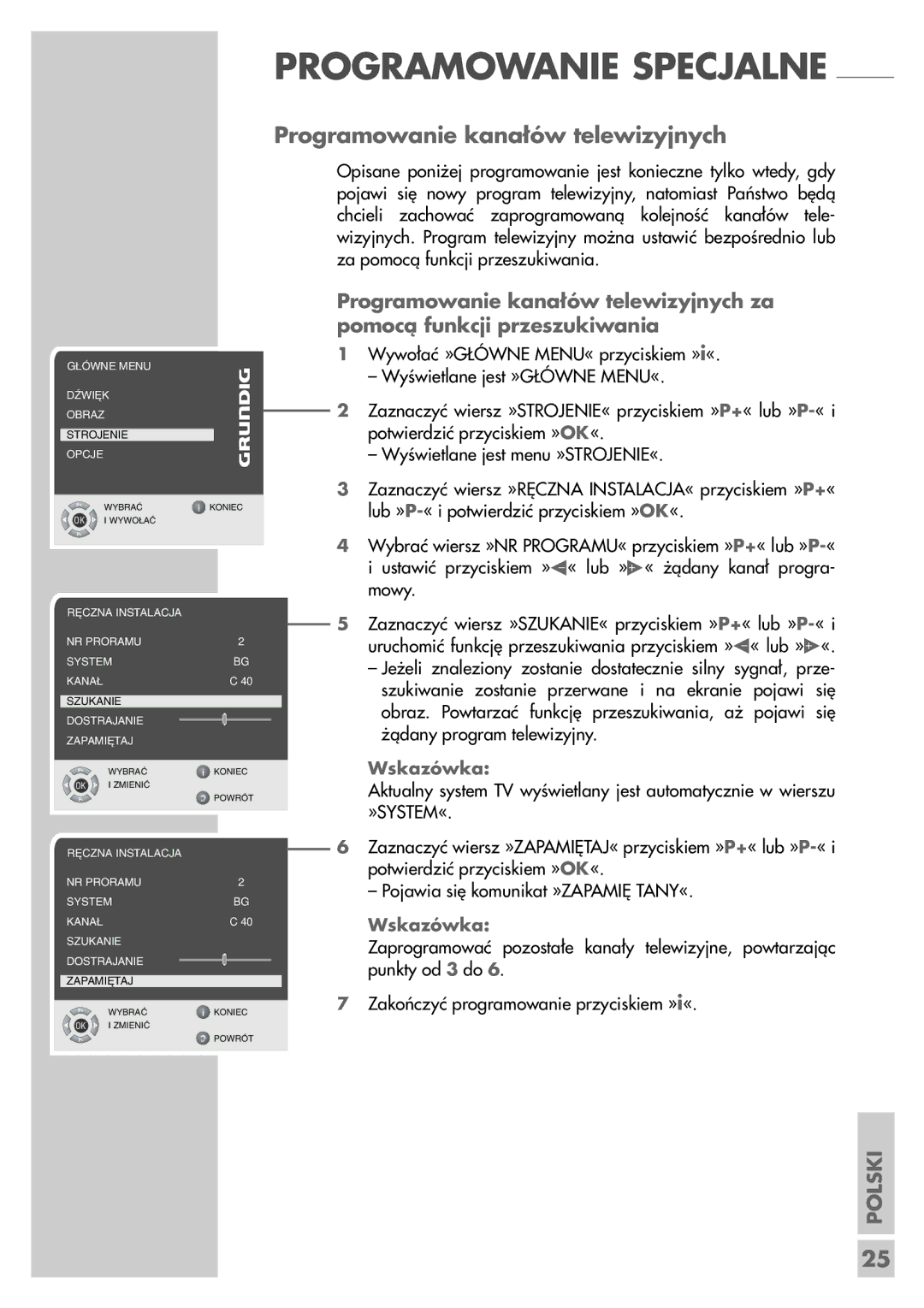 Grundig LCD 51-9622 DL manual Programowanie Specjalne, Programowanie kanałów telewizyjnych 